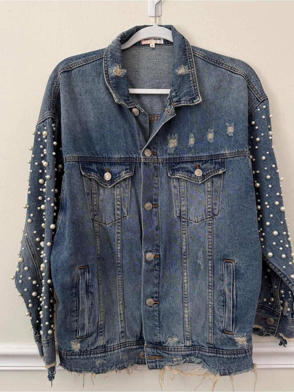 Sunset+Spring Pearl-Embellished Distressed Denim Jacket size M 100% cotton